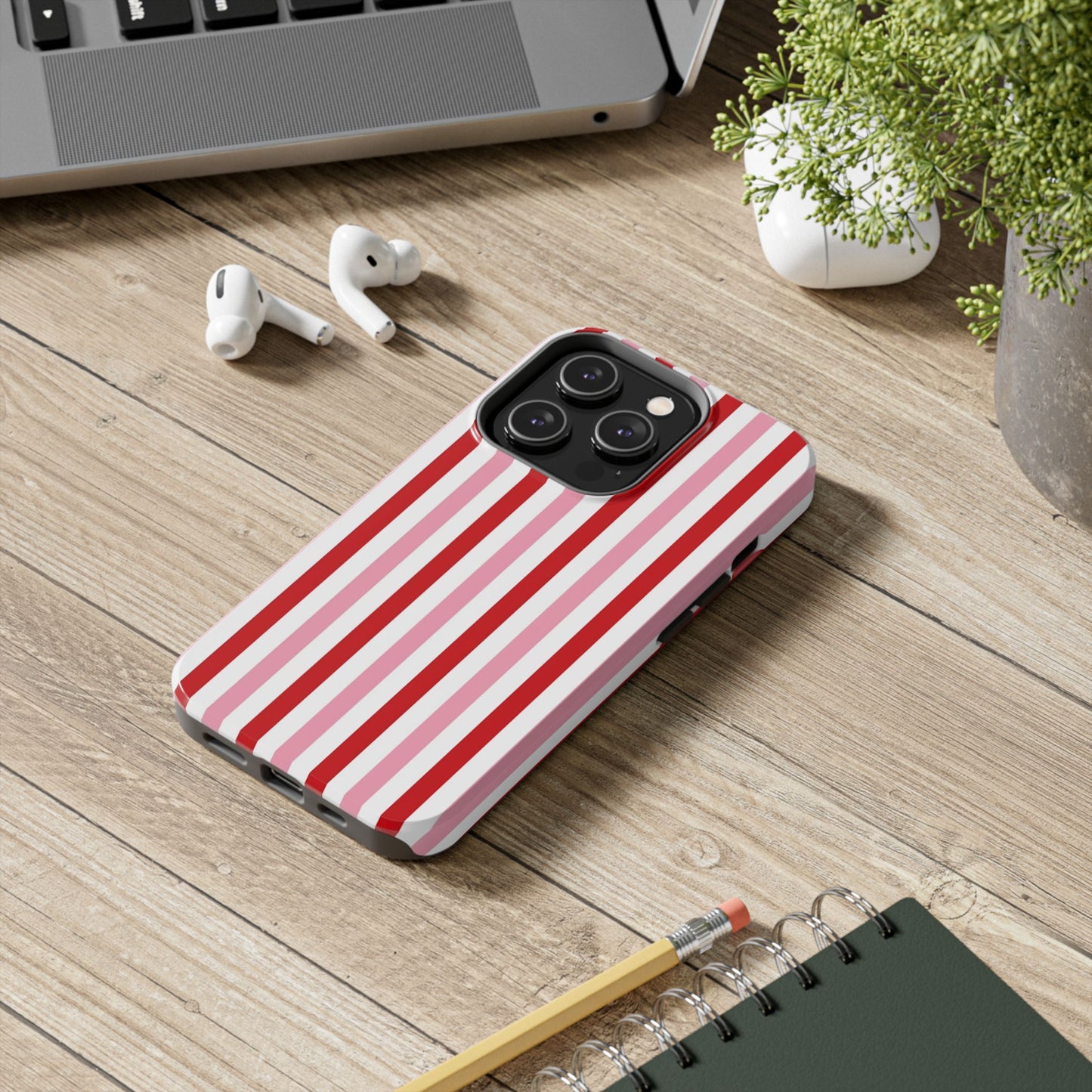 Stylish Tough Phone Case with Red and Pink Stripes