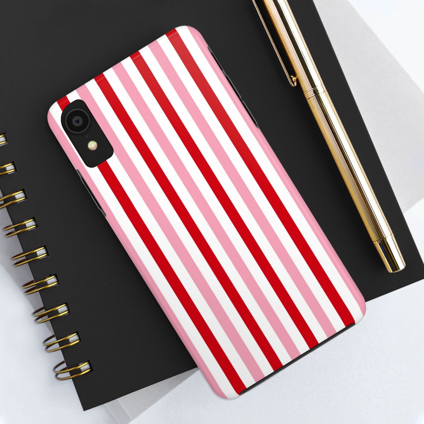 Stylish Tough Phone Case with Red and Pink Stripes