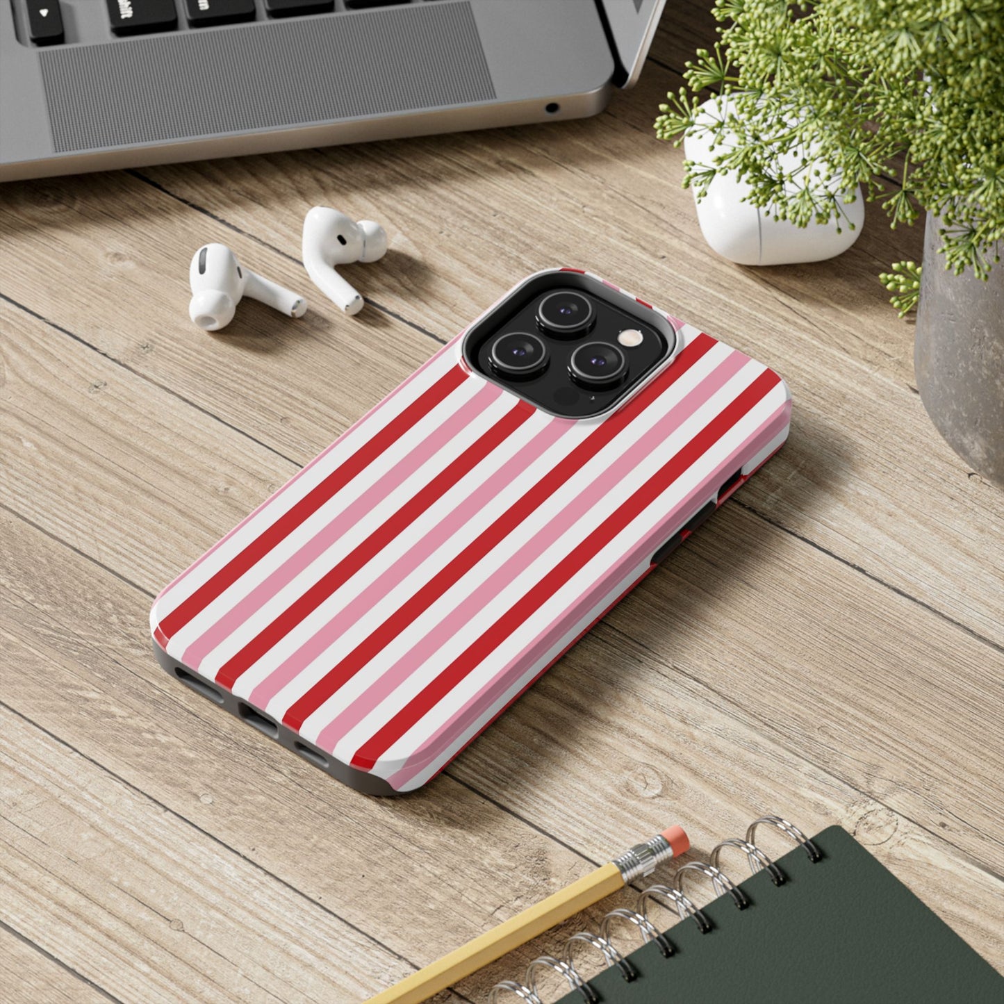 Stylish Tough Phone Case with Red and Pink Stripes