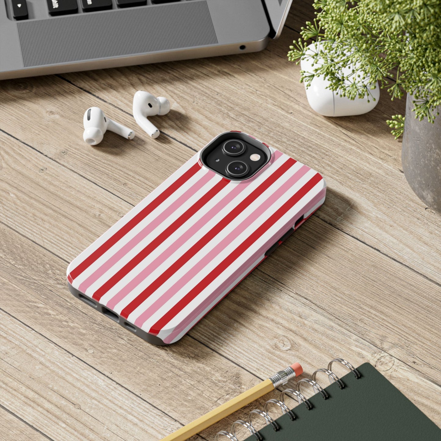 Stylish Tough Phone Case with Red and Pink Stripes