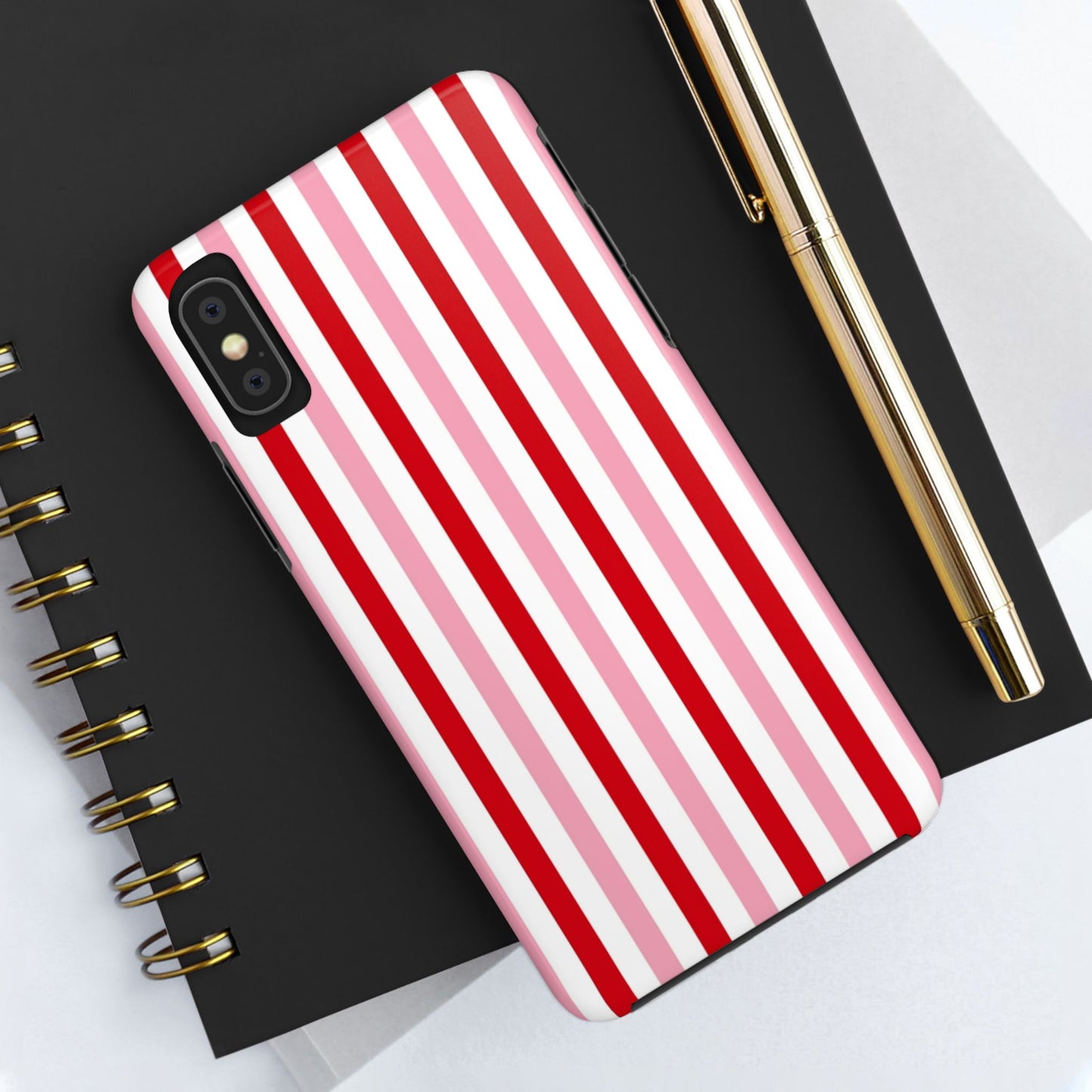 Stylish Tough Phone Case with Red and Pink Stripes