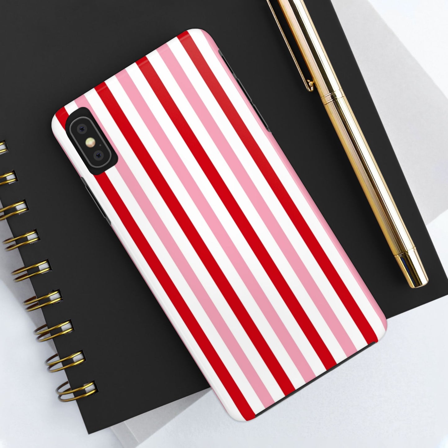 Stylish Tough Phone Case with Red and Pink Stripes