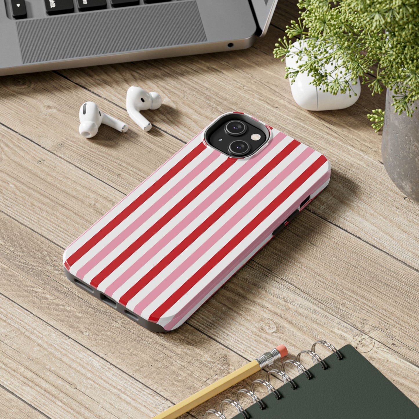 Stylish Tough Phone Case with Red and Pink Stripes